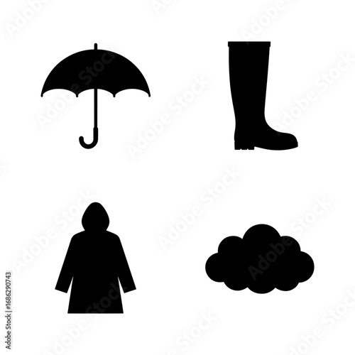 Illustration of rainy weather gear featuring an umbrella, boot, raincoat, and a cloud in black and white