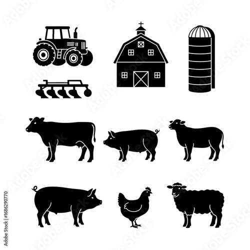 Black silhouette farm scene featuring tractor barn silo cow pigs sheep and chicken on a white background