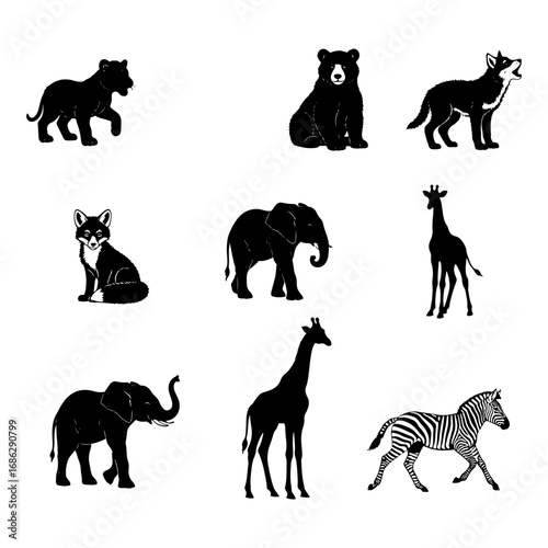 Silhouette illustration of various animals including a lion cub, bear, wolf, fox, elephants, giraffes, and zebra