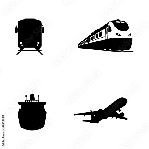 Illustration depicting four modes of transportation including a bus train ship and airplane in black silhouettes