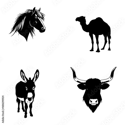 Illustration featuring a horse head, a camel, a donkey, and a bull head, all in black silhouette style