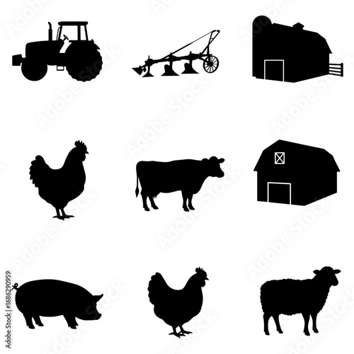 Black silhouettes of farm animals, buildings, and equipment depicting rural agricultural scenes and activities