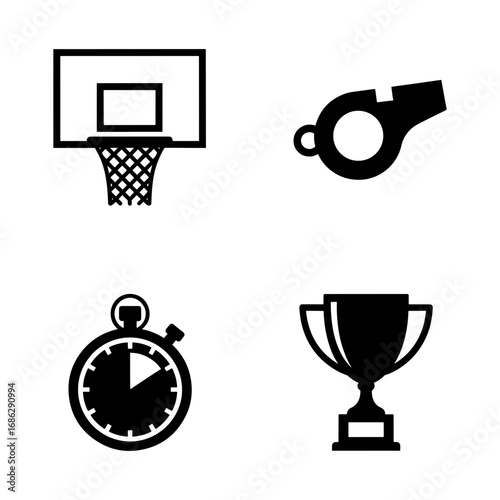 Illustration showing a basketball hoop, whistle, stopwatch and trophy in a simple black and white style