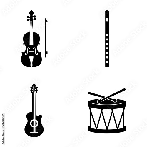 Illustration of musical instruments including a violin, flute, guitar, and drum set on a white background
