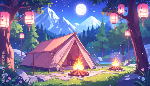 Tranquil campsite surrounded by nature. Starry skies and campfires in the wilderness. Adventure camping in the forest at night. Magical camping night. Peaceful mountain campsite with fires