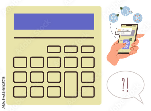 Calculator-thumbs up keypad next to a phone showing OTP code entry, hand holding smartphone with authentication process icons. Ideal for cybersecurity, encryption, login, password safety, online