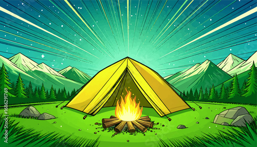 ellow tent with vibrant fire glow. Camping in nature surrounded by peaks. Tent lit by a roaring campfire flame. Scenic campsite with forest and fire. Mountain backdrop with glowing tent