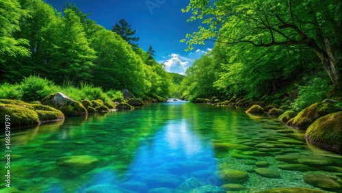 Serene emerald river flowing through lush green forest under a bright blue sky