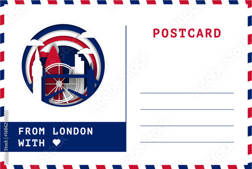 From London, England UK postal card template. Vector blank postcard illustration with cut out badge with landmarks, message space, national colors. Flat image layout