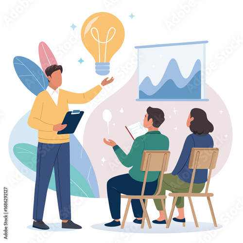 Vector art of a business presentation with a man presenting in front of a graph and a light bulb, while two people are listening to the presentation