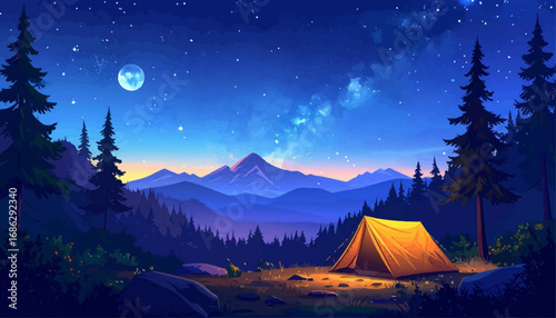 Clear sky and mountains at night. Stargazing from a mountain campsite. Peaceful tent camp with moonlit sky. Glowing camp under the night stars. Star-filled sky over a mountain campsite