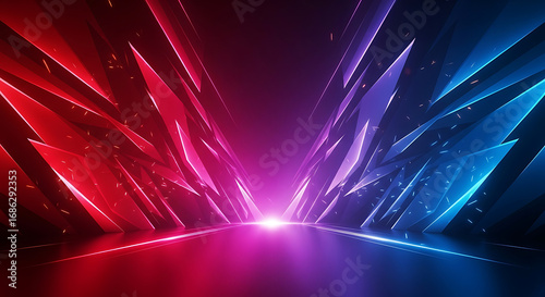 Dramatic abstract background with red and blue neon lights creating a stage effect