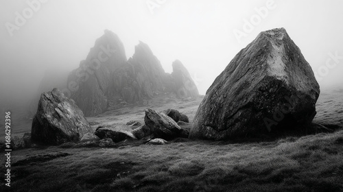 A monochrome landscape with large rocks and mountains shrouded in fog.