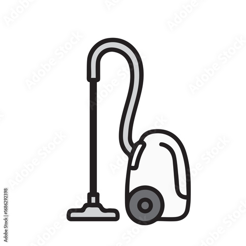 Vector drawing of a domestic vacuum cleaner machine, illustrated simply in black and white, enhanced with bold black outlines for neat visual clarity.