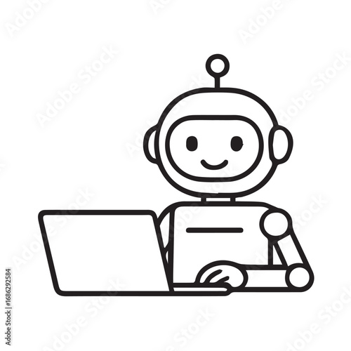 Vector illustration shows a robot sitting in front of a laptop with AI ChatGPT theme, drawn in black and white with bold outlines.