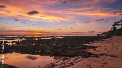 Time lapse: Colorful sunset over rocky shoreline of Neil Island Andaman India with reflections on tidal pools symbolizing peace beauty and tropical escape