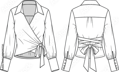 Cad drawing flat vector illustration of women’s wrap blouse with tie front and back, puff sleeves, buttoned cuffs, technical sketch