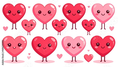 A collection of cartoon hearts, displaying various sizes and shades of pink and red, with cheerful expressions and stylized legs, set against a plain white background.