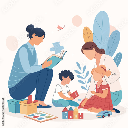 Vector art of a teacher reading a book to children in a classroom, promoting education and early learning, fostering a love for reading and knowledge