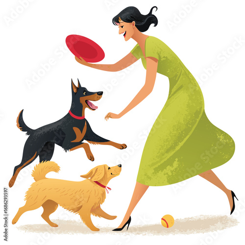 Vector art of a woman in a green dress is playing with her dogs in a park, throwing a frisbee and a ball, enjoying a sunny day