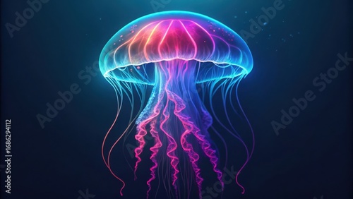 Vibrant neon jellyfish illuminates deep ocean abyss with bioluminescent glow