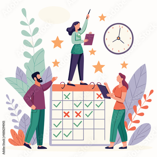 Vector art of team members planning and organizing tasks on a calendar, marking completed items with checkmarks and crosses