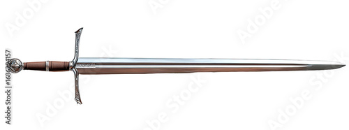 Long, metallic sword with a dark wooden hilt