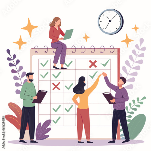 Vector art of team members planning and organizing tasks on a calendar, marking completed items with checkmarks and crosses