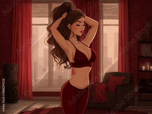 a woman posing in a stylish room with red curtains and a city view through the window