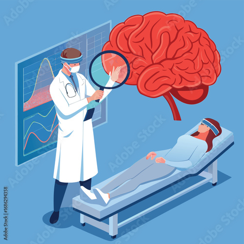 Vector art of doctor examining patients brain with a magnifying glass, showcasing neurological examination and diagnosis in a medical setting for healthcare