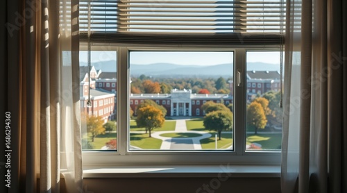 back college vibes concept. View through a window showcasing a campus landscape and buildings.