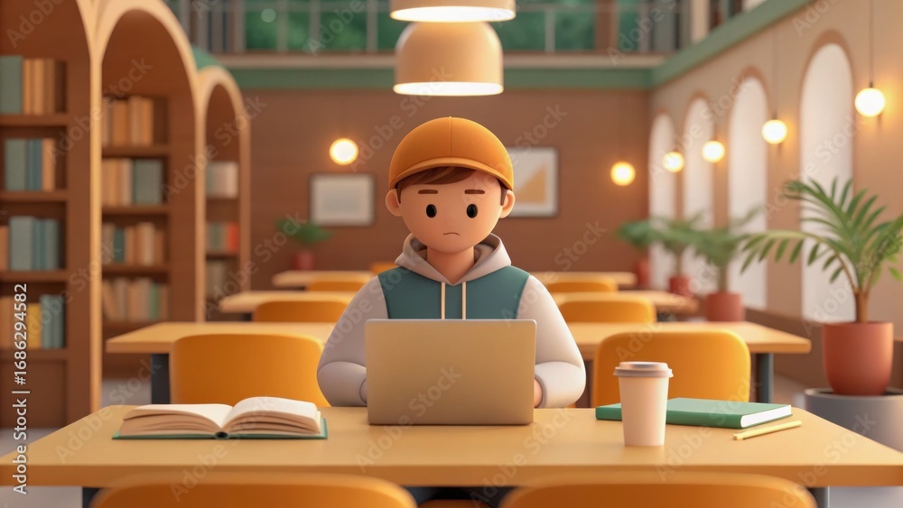 Fototapeta premium back college vibes concept. Young person studying in a cozy, modern library setting.
