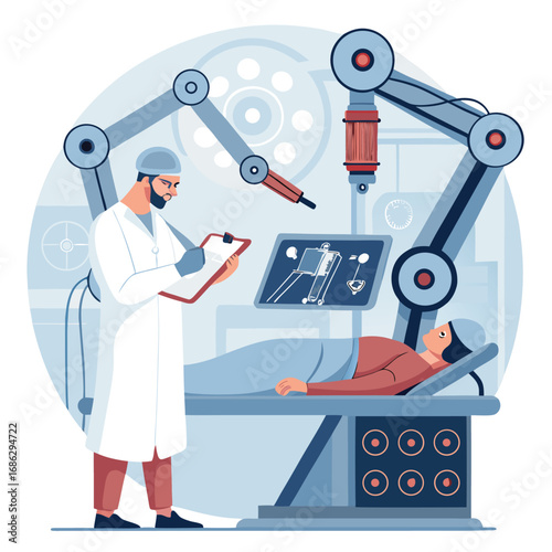 Vector art of robotic surgery with a doctor overseeing the procedure, showcasing advanced medical technology and patient care in a modern hospital setting