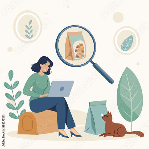 Vector art of a woman is shopping online for healthy food and snacks with a magnifying glass, with a cat looking on, in a flat design style illustration