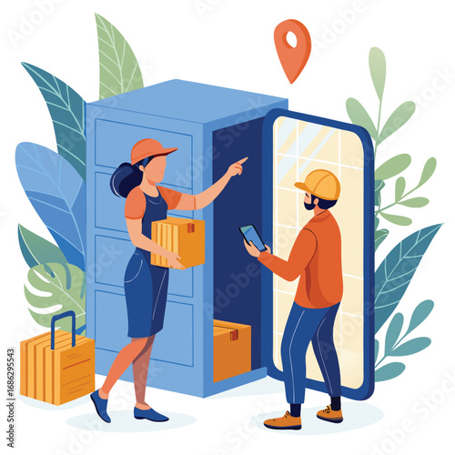 Vector art of a delivery service with workers placing packages in a smart locker, showcasing convenience and modern logistics, surrounded by greenery