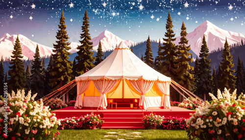Glamping setup in serene mountainous landscape. Gazebo with fire pit in the woods at night. Elegant wooden gazebo with a view of mountains. Luxury tent with stunning outdoor scenery. Nature retreat