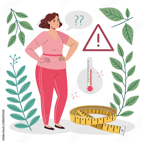 Vector art of a woman is worried about her weight, with a thermometer, measuring tape, and warning sign indicating potential health issues, surrounded by leaves