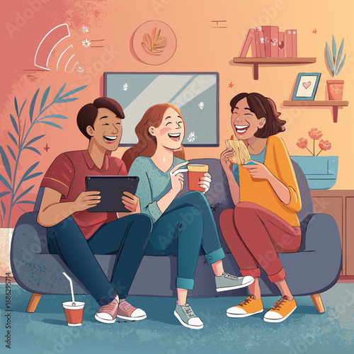 Vector art of three friends are sitting on a couch, laughing and watching a movie on tv they are holding drinks and snacks, and they look happy and relaxed
