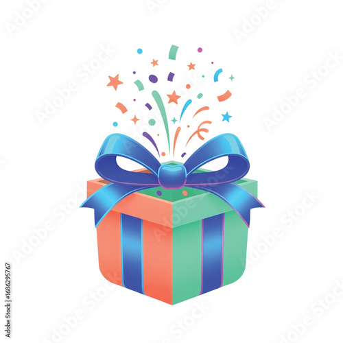 A vibrant gift box with a blue bow, bursting open with colorful confetti and stars.