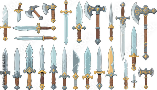 Collection of fantasy swords axes and daggers for epic game design and medieval combat themes