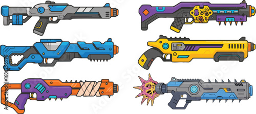 Futuristic sci-fi weapons collection vibrant, modern designs for gaming and concept art