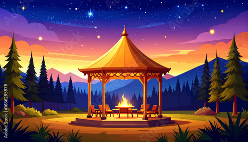 Glamping tent in a scenic mountain setting. Relaxing gazebo surrounded by nature. Mountain retreat with cozy outdoor gazebo. Cozy glamping tent with starry sky backdrop