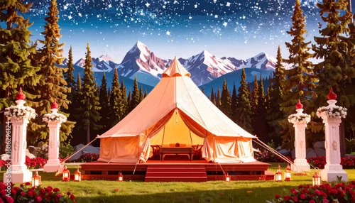 Relaxing outdoor retreat with beautiful view. Elegant glamping tent in the forest. Camping under the stars in a luxury tent. Glamping tent with mountain backdrop. Outdoor gazebo with a warm starry sky