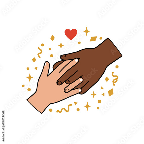 Diverse couple holding hands with confetti