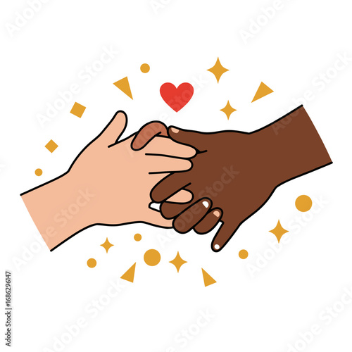 Interracial couple holding hands with love symbol