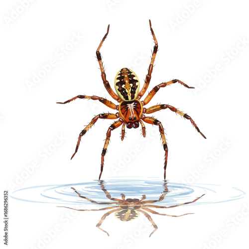 A detailed watercolor style vector illustration of an orange and black arachnid standing on a still water surface with a clear reflection