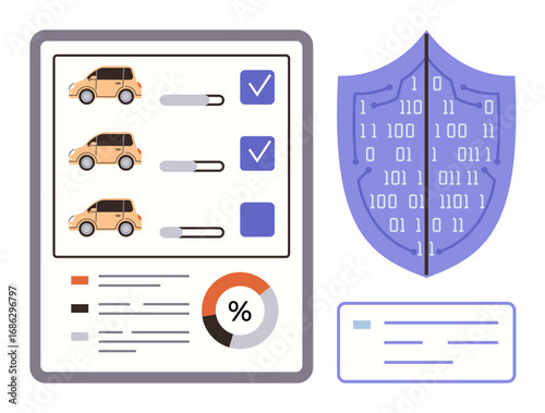Car comparison chart with selection toggles, pie chart, binary shield, and document. Ideal for vehicle analysis, digital security, insurance, data protection, cybersecurity decision-making consumer