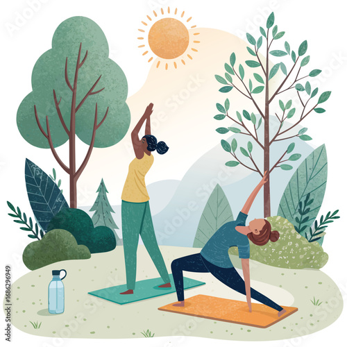 Vector art of two women practicing yoga outdoors in a serene natural setting with trees, sun, and mountains, promoting wellness and healthy lifestyle, cartoon style