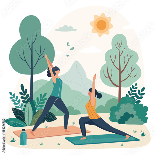 Vector art of two women practicing yoga outdoors in a serene natural setting with trees, sun, and mountains, promoting wellness and healthy lifestyle, cartoon style