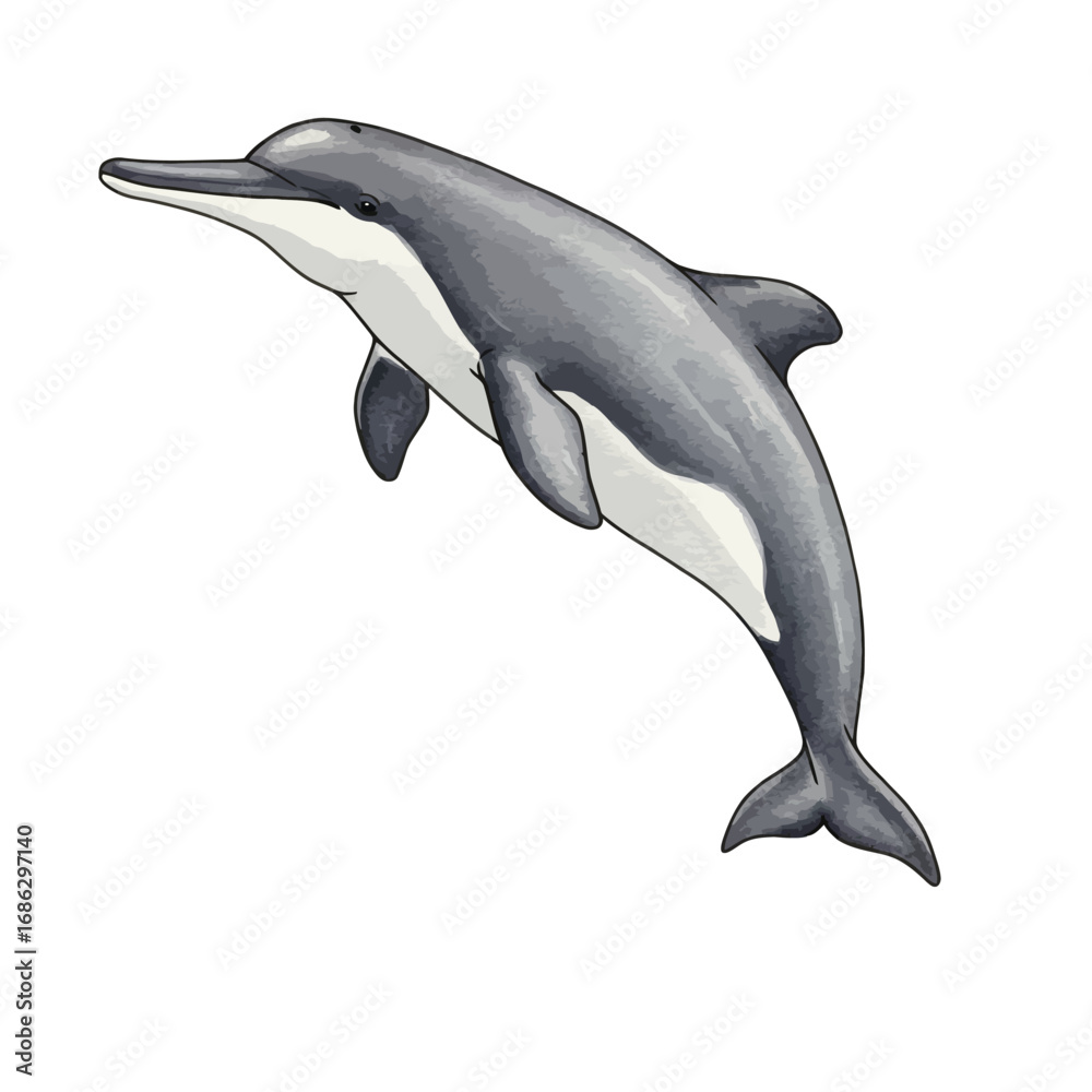 Obraz premium Detailed watercolor illustration of a common dolphin leaping from the water. Hand-drawn aquatic mammal vector art isolated on white